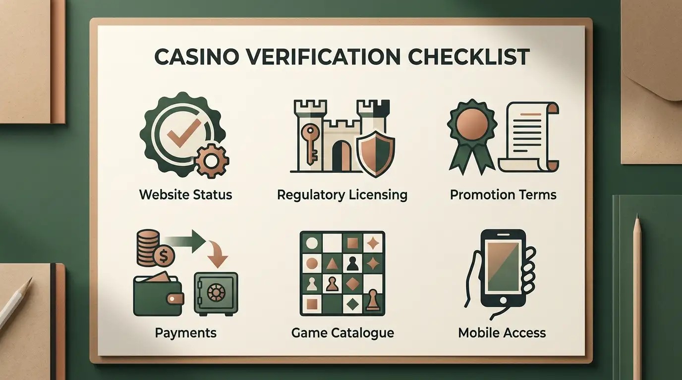 Decision checklist covering status, licence, bonus, payments, games and mobile access