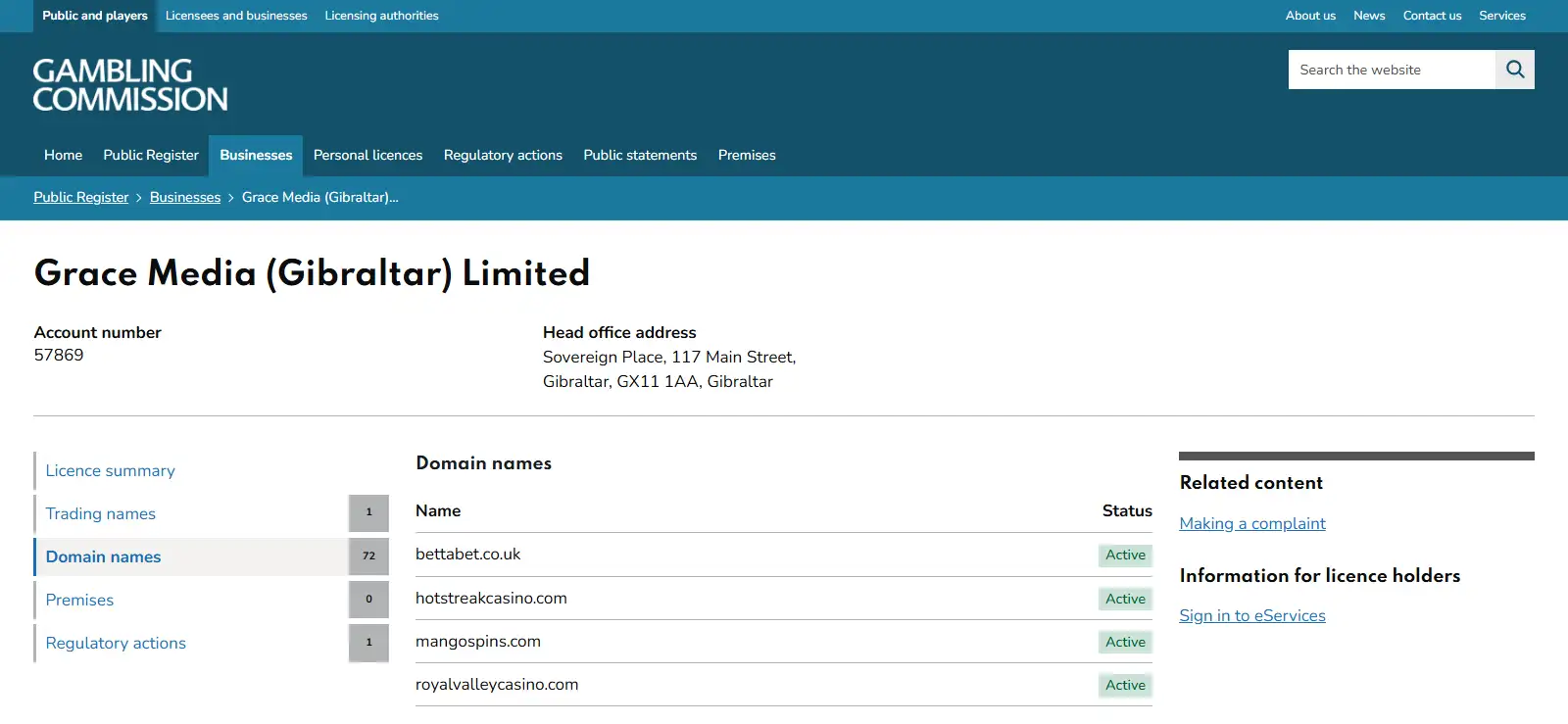 UK Gambling Commission licence record for 333casino.com under Grace Media