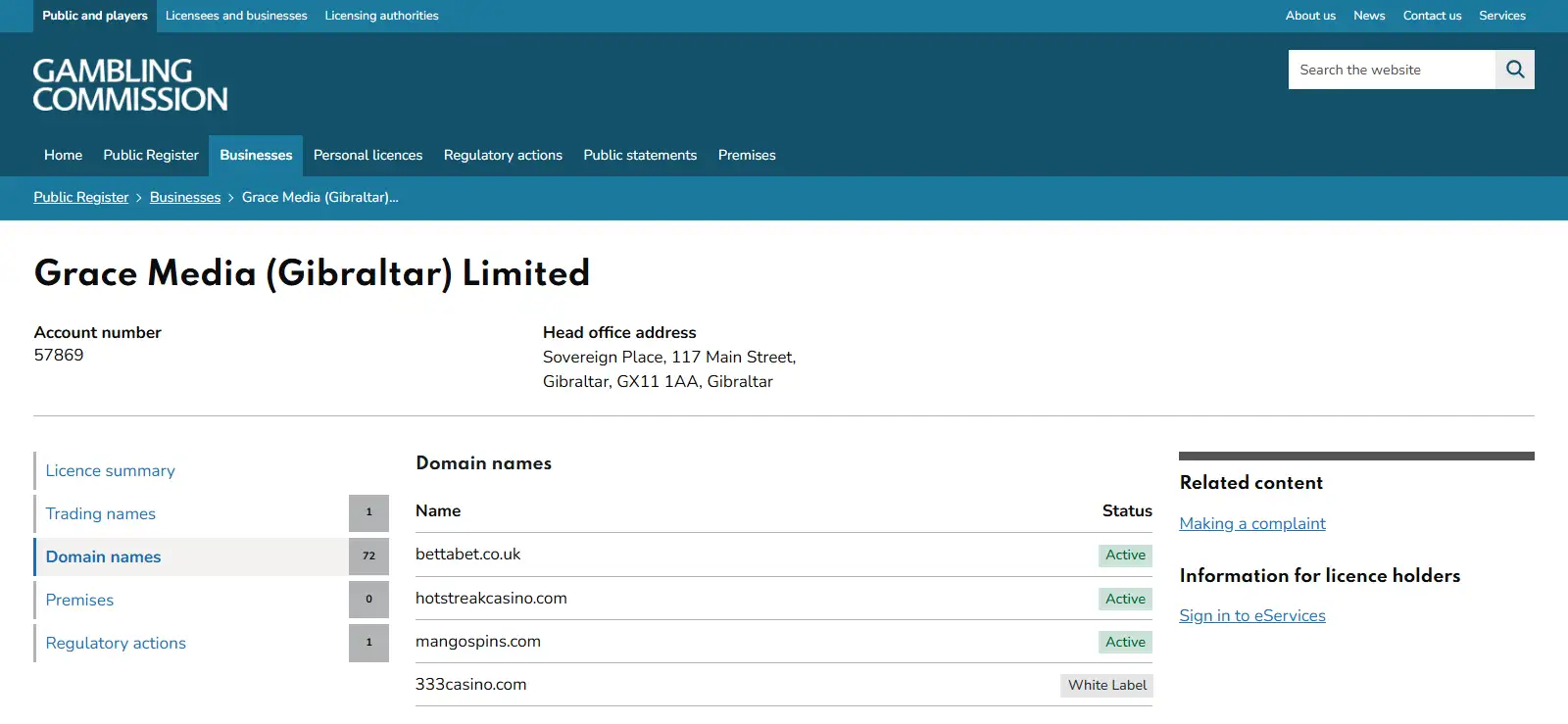 UK Gambling Commission register entry for 333casino.com under Grace Media