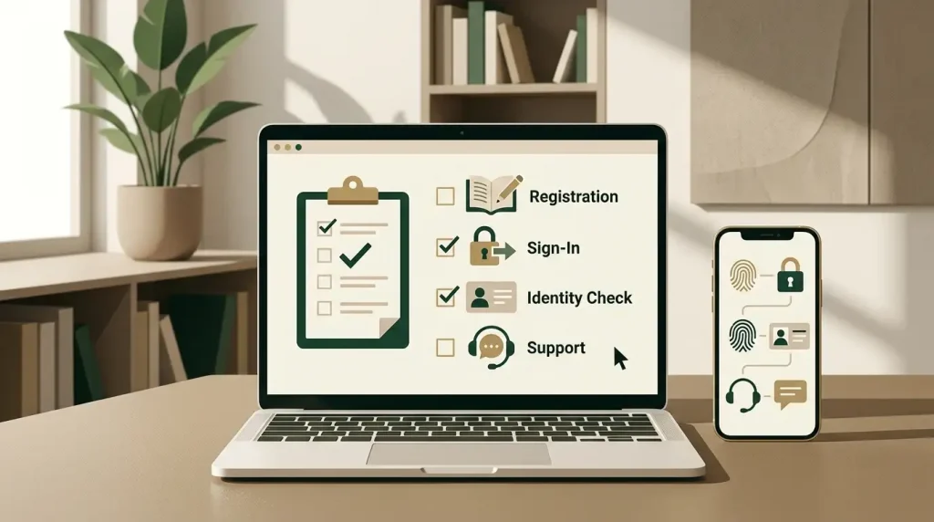 Account access checklist: availability, registration, login, verification, support
