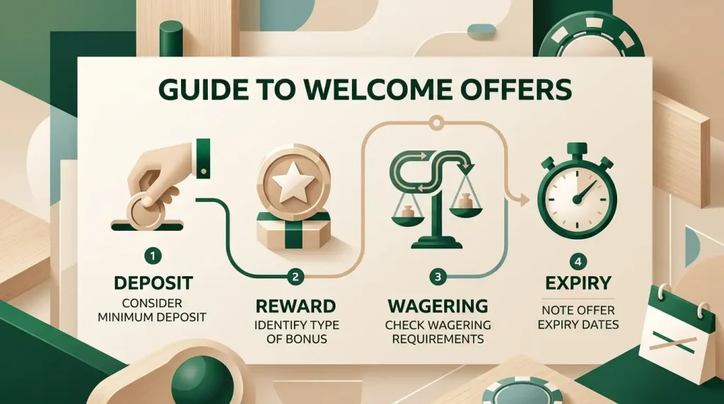Bonus evaluation graphic showing deposit, free spins, wagering and expiry checkpoints