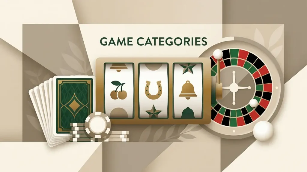 Casino game-library illustration with slots, blackjack and roulette categories