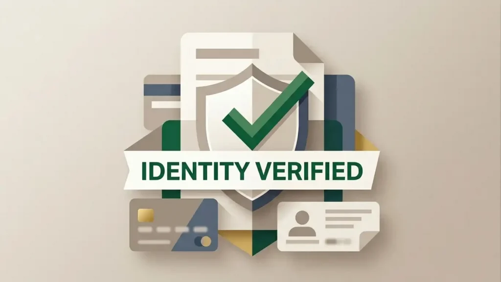 Identity-verification checklist with privacy-safe document placeholders