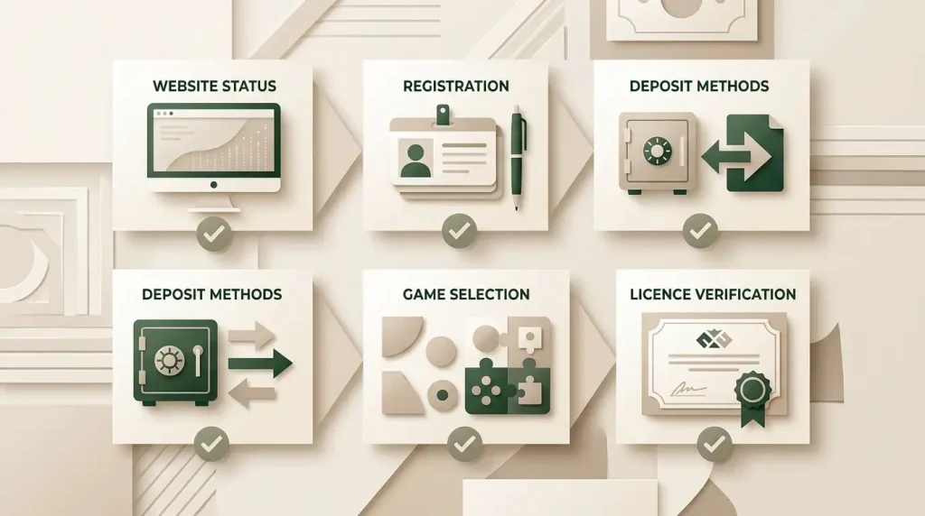 Status-monitoring checklist with website, registration, deposit, games and licence indicators