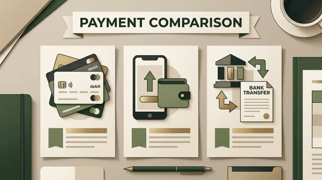 UK casino payment-method comparison with debit card, e-wallet and bank-transfer icons, no credit-card emphasis