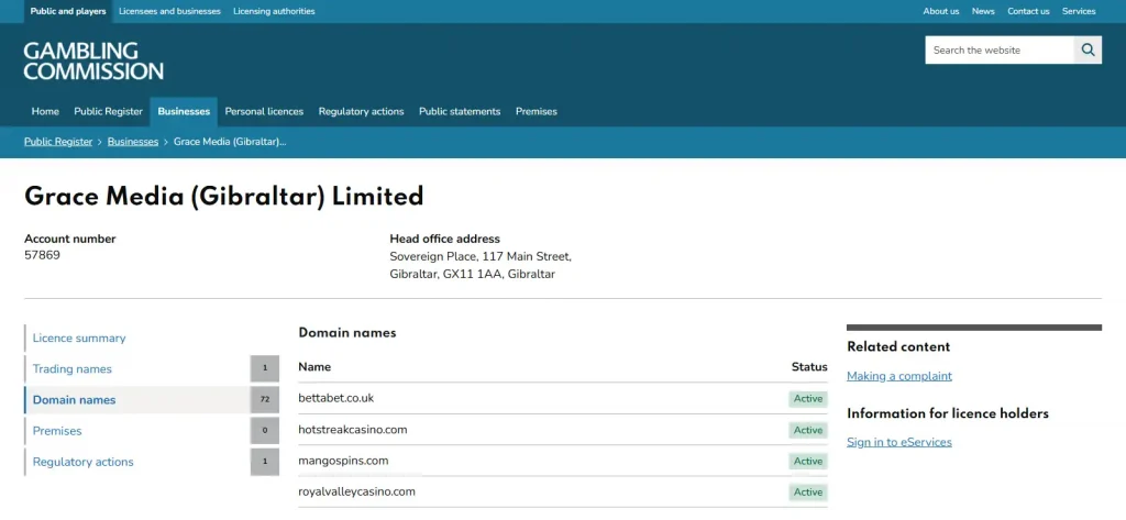 UKGC domain register showing 333casino.com as White Label