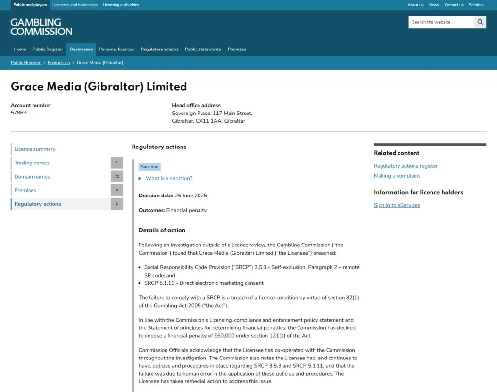 UKGC regulatory action page for Grace Media dated 26 June 2025