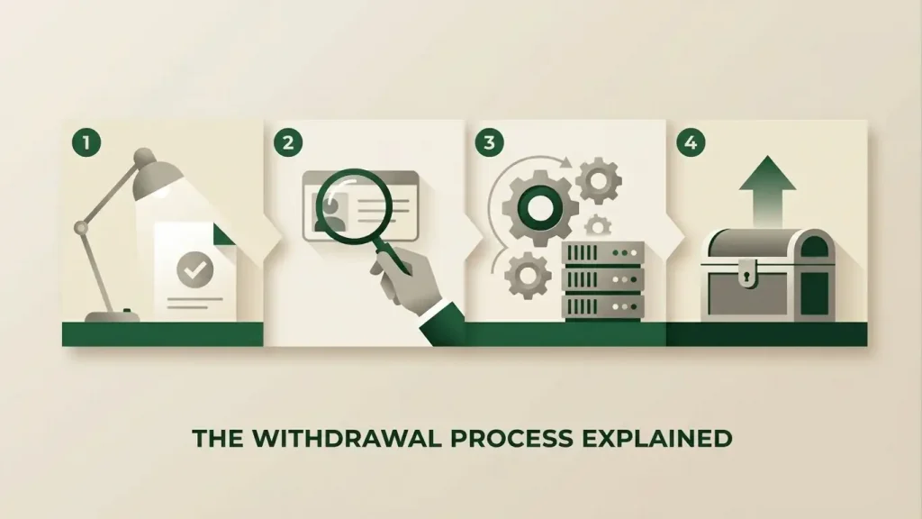 Withdrawal flow diagram from request through verification, processing and payment